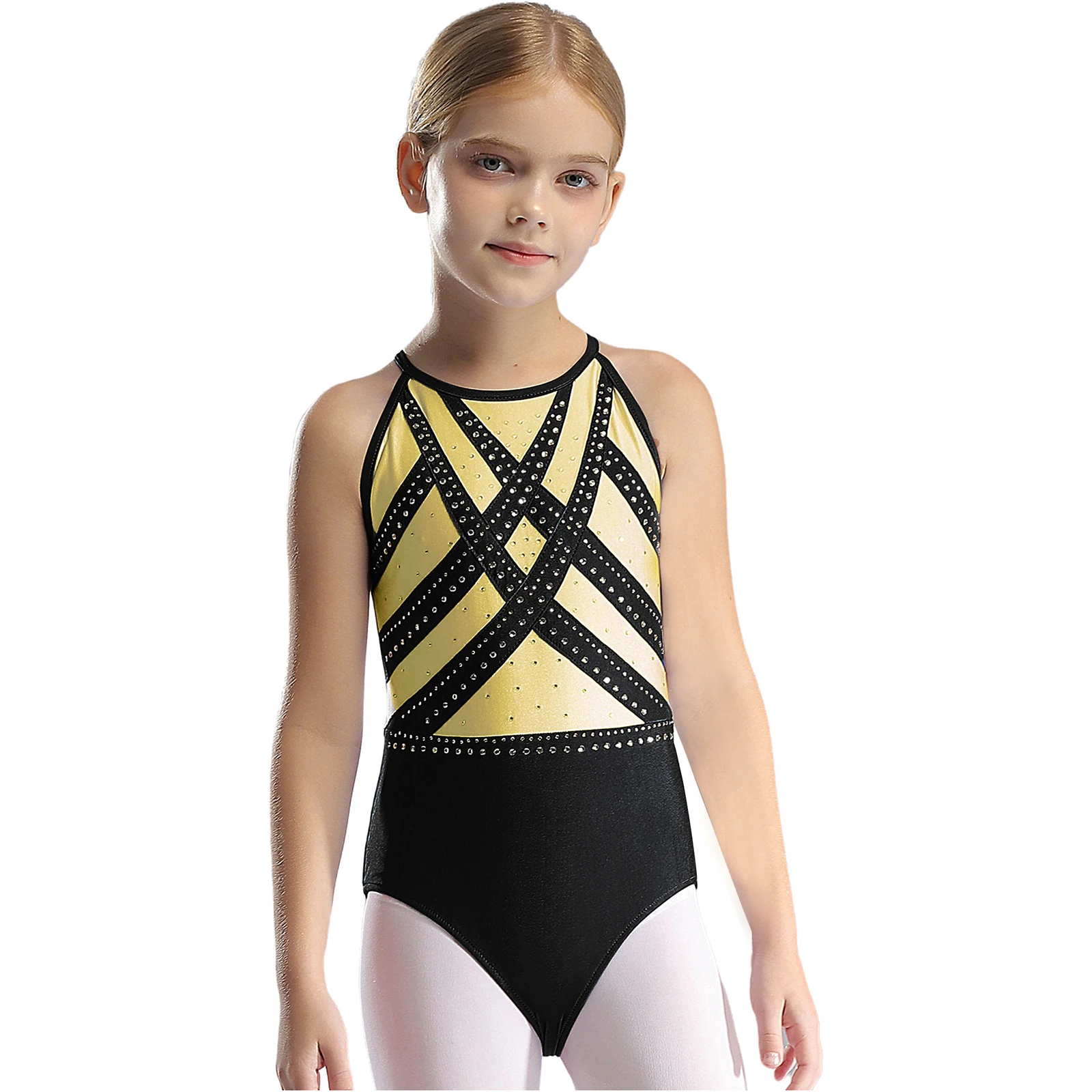 Kids Sleeveless Rhinestones Rhythmic Gymnastics Leotard for Girls Children Keyhole Back Figure Skating Bodysuit Dance Costume