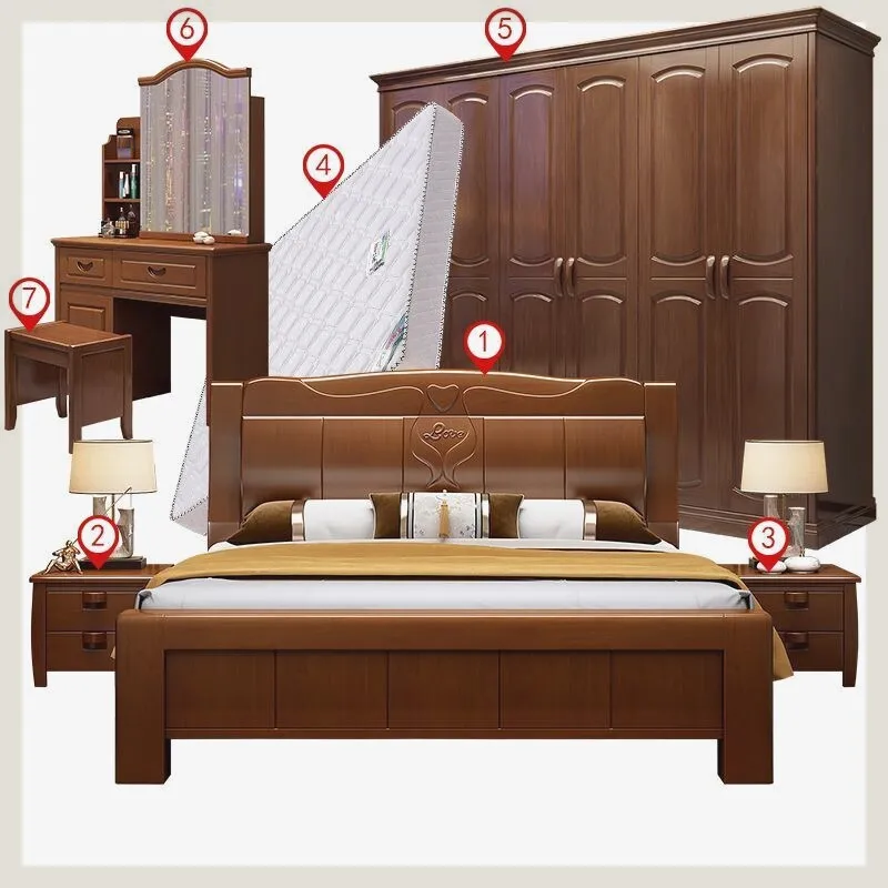 Designs Elegant Bed Double Nordic Brown Wooden Luxury Complete Bedroom Furniture Set European Dormitorio Completo Furniture Home