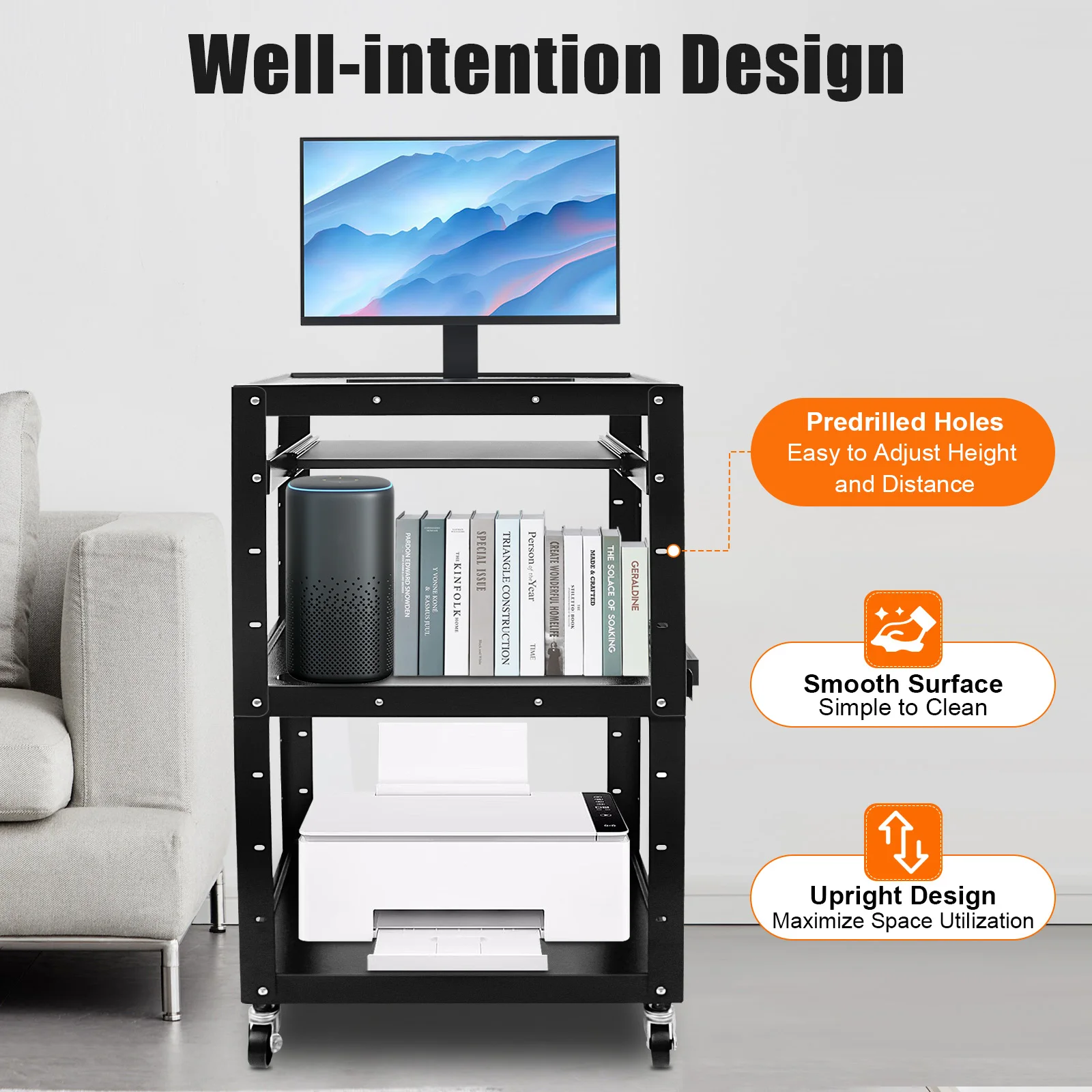 

Компьютерная мобильная тележка, рабочая станция, 4 полки, черный холоднокатаный стальной лоток для клавиатуры, формовочный спрей