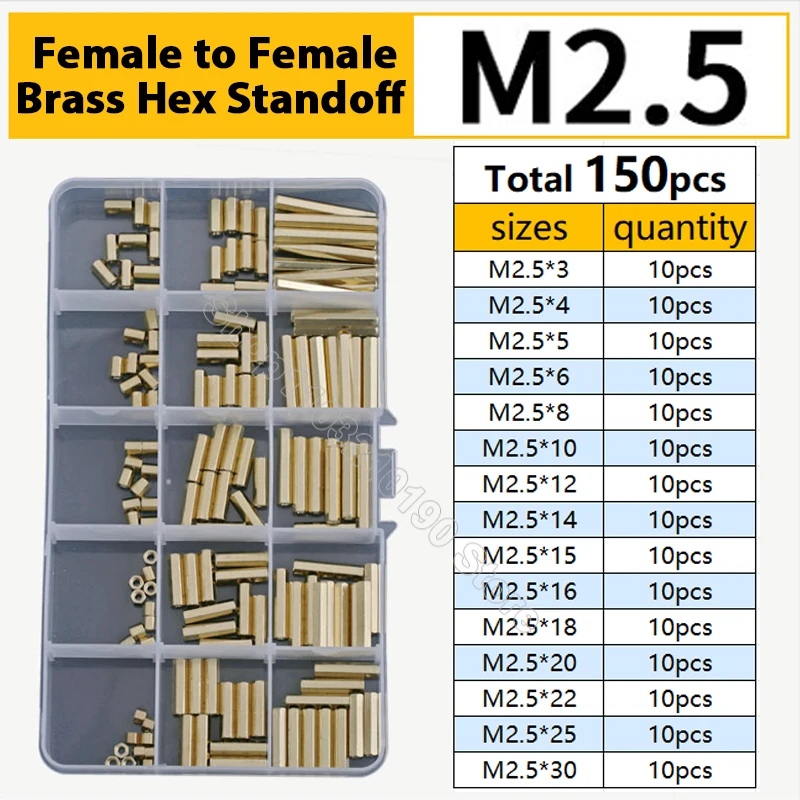 

150pcs M2.5 Brass Female to Female Hex Standoff Pillars Mount Hexagon Thread PCB Motherboard Spacer Column Assortment Kit Set