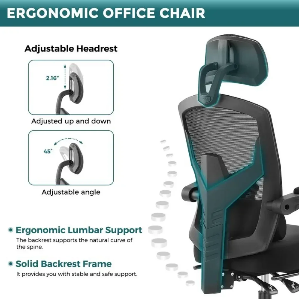 Ergonomic Office Chair, with Lumbar Pillow & Retractable Footrest, Mesh Office Chair with Armrests and Adjustable Headrest