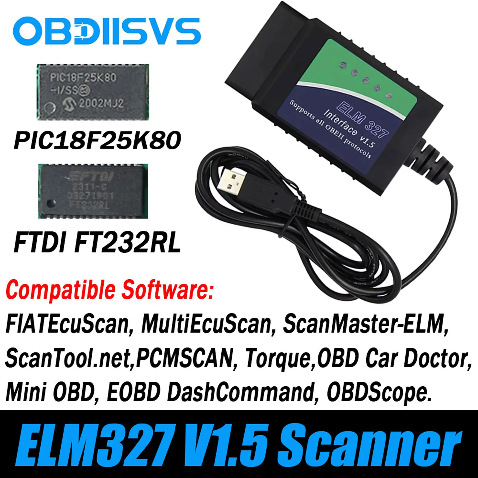 ELM327 V1.5 OBD2 Scanner für FIATEcuScan/MultiEcuScan/ScanMaster/ScanTool PIC18F25K80 FT232RL Codeleser ELM327 Diagnosewerkzeug – Detail 11