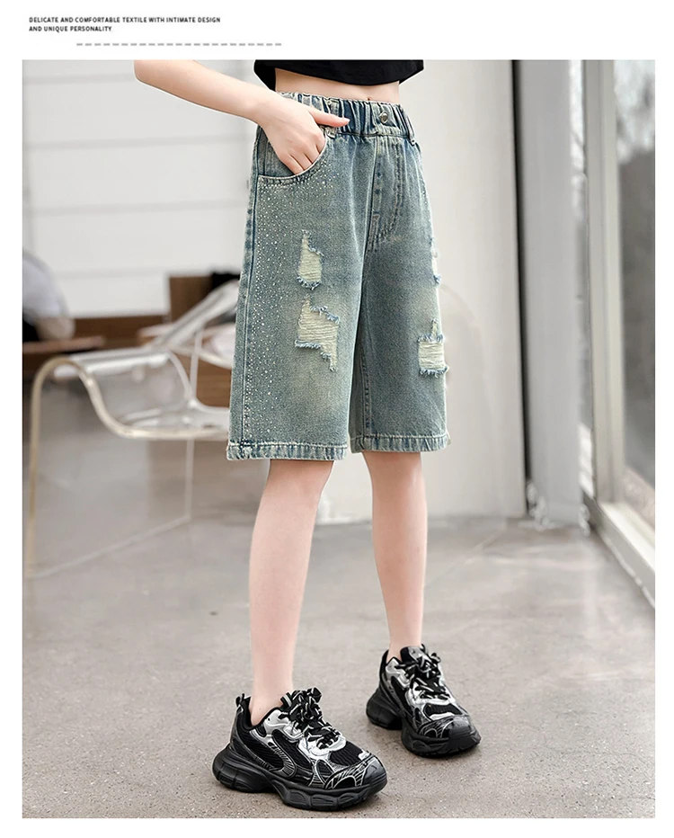 Slim Fit Kinder-Jeansshorts mit Löchern für Teenager-Mädchen, Lässige Sommer-Destroyed-Shorts, Coole Streetwear-Hosen für Kinder – Detail 3