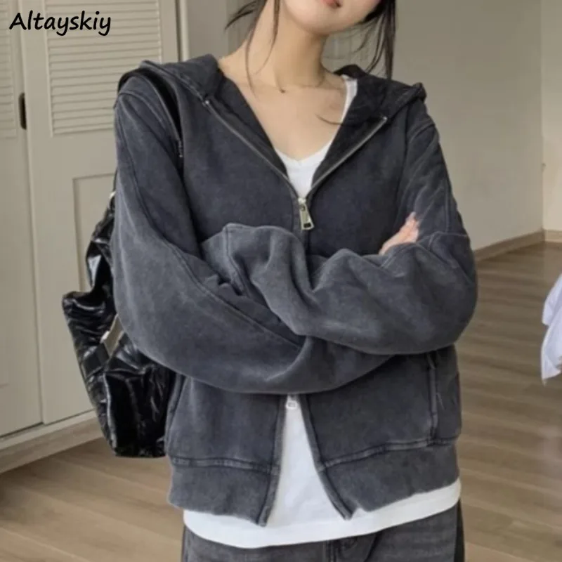 Ulzzang Jackets for Women Ins Spring Autumn Hooded Korean Style College All-match Zipper New Fashion Soft Chic Retro Minimalist