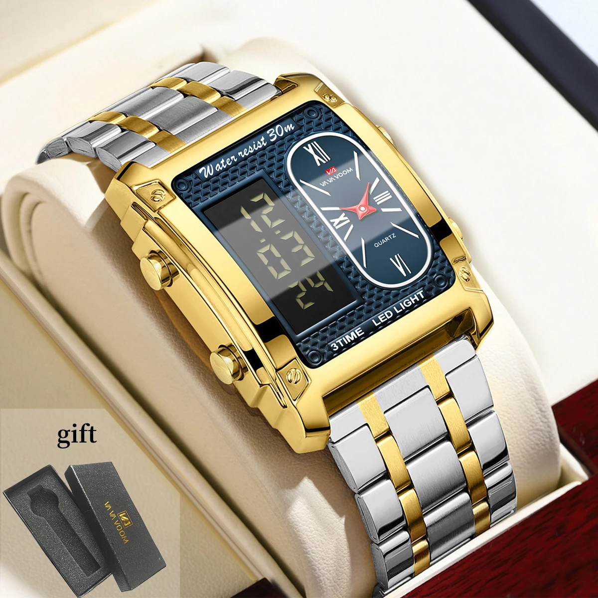2025 New Men Watch Square Fashion Stainless Steel Electronic Watch Alarm Clock&Timing Quartz Movement Waterproof Business Watch
