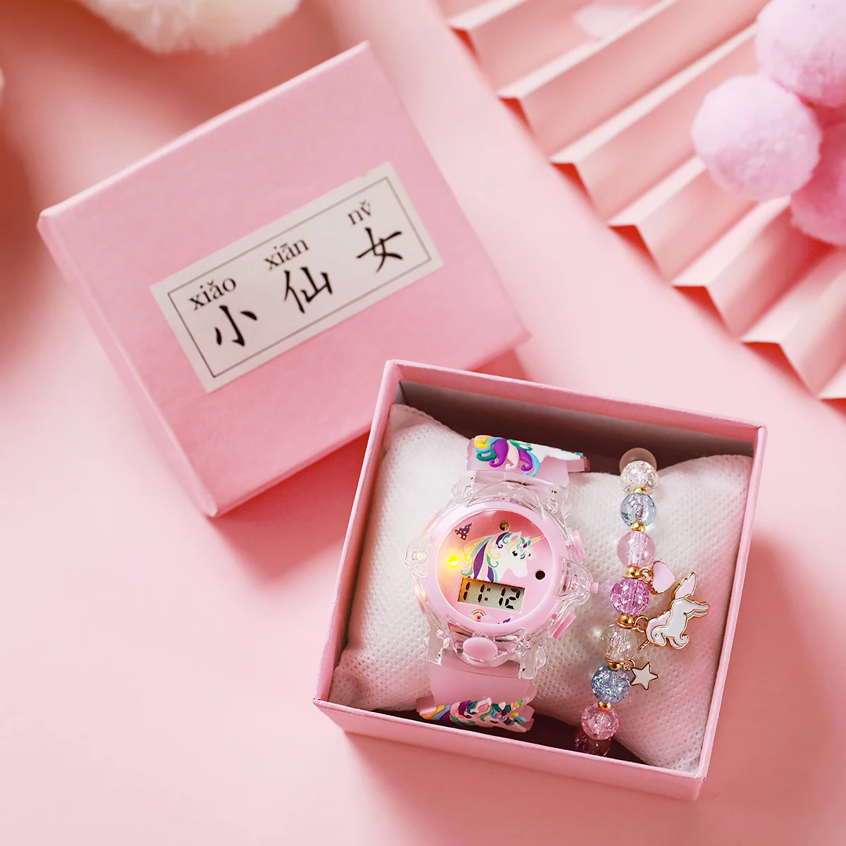 

Модные и милые радужные вечерние единороги, силиконовый ремешок, светящиеся электронные часы, комплект из двух предметов, подходят для Рождества и Хэл