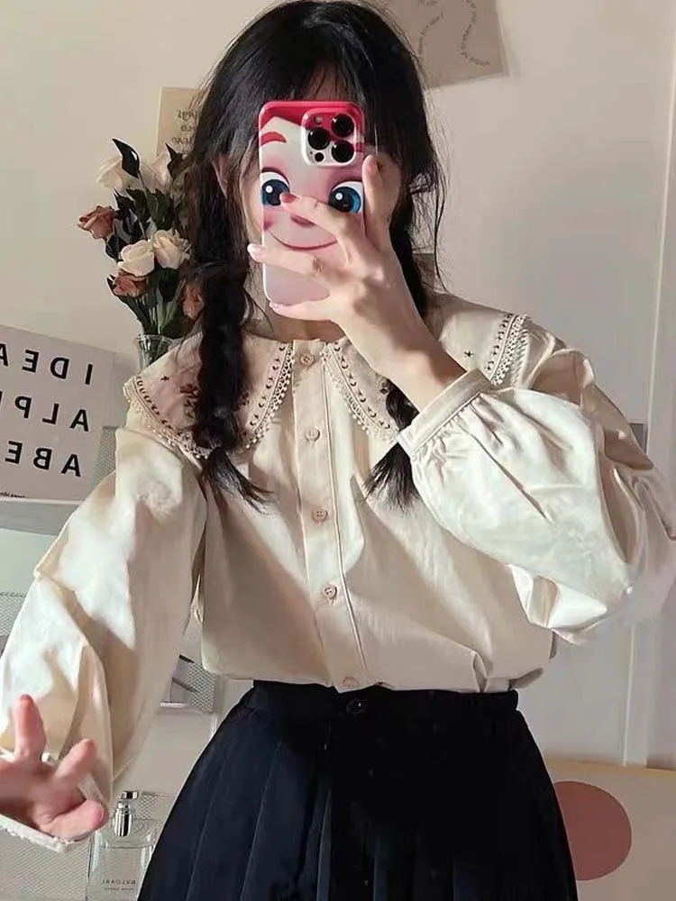 Korean Style Blouse Women Fashion Peter Pan Collar Shirts Female Cute Floral Long Sleeve Tops Lady Preppy Pure Blusas Para Mujer