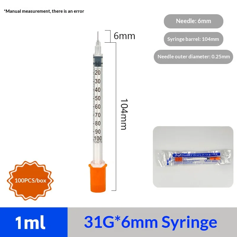 100 stks/doos 1 ml steriele wegwerp-insuline-injectiespuiten met 31G 6 mm naald, individueel verpakt voor laboratoriummeting van huisdierenvoeding