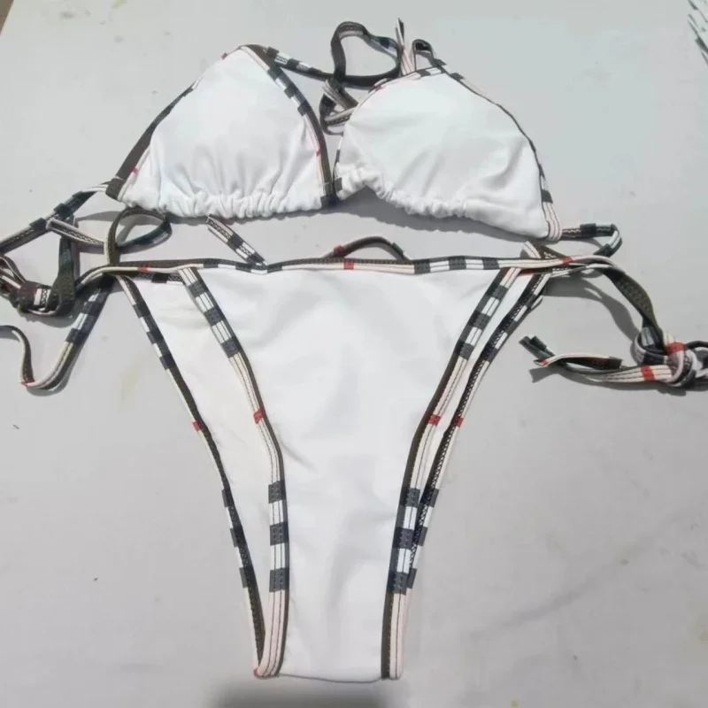 Conjunto de biquíni monocromático sexy feminino, maiô com cordões ajustável, praia brasileira, triângulo de halterneck, verão, 2022