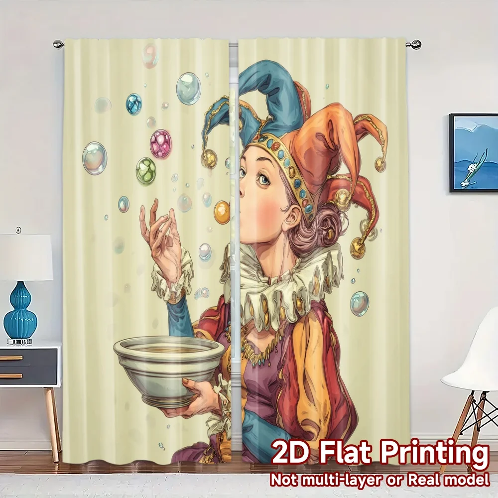 2pcs, 2D FLAT PRINTING Curtains (Without Rod) Jesters Bubbles Chic Fashionable Curtains Versatile Polyester Fabric Curtains