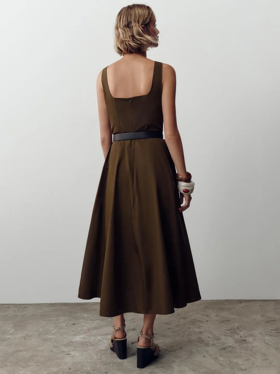 Sweet Sli Slimming Belted Midi Dr مع أشرطة كتف واسعة جديدة للنساء من القطن كاجوال مربع Ne Dr