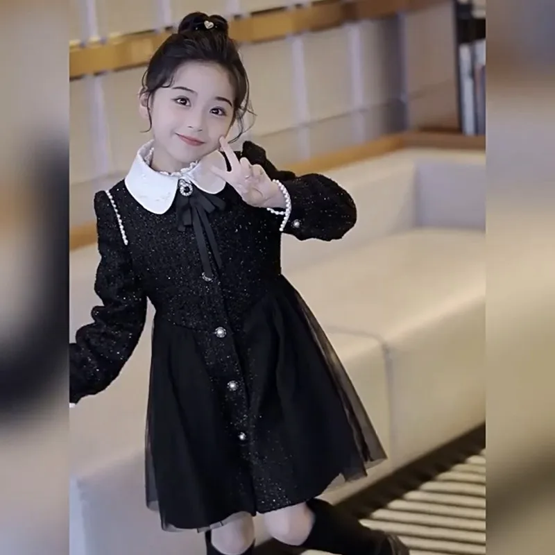 Girls' Small Fragrant Style Dress Spring Autumn and Winter Clothing, Children's Beautiful Mesh Skirt
