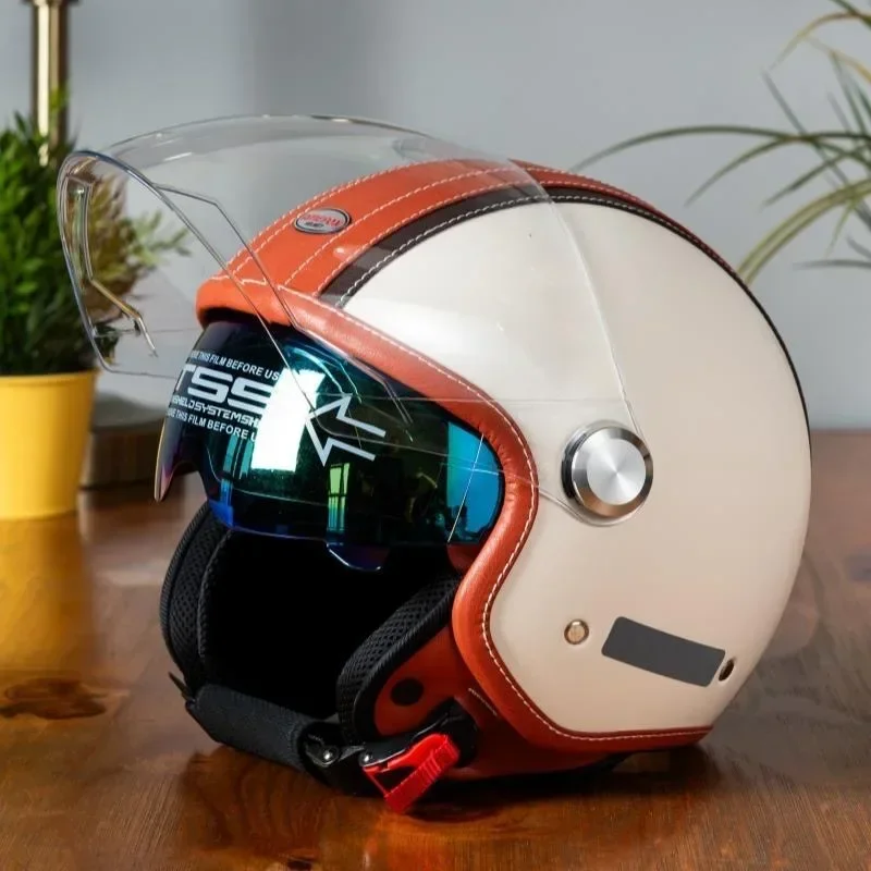Vintage Leather Open Face Helmet Motorcycle Helmets Double Visor DOT Approved Men Retro 3/4 Jet Half Helmet with Inner Lens
