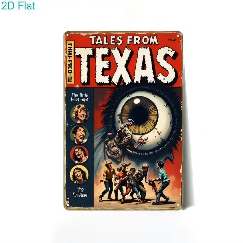 Tales from Texas Vintage Distressed Metal Tin Sign - Retro Comic Horror Design (Giant Eye Monster, Survivor Scene), Vibrant Red/