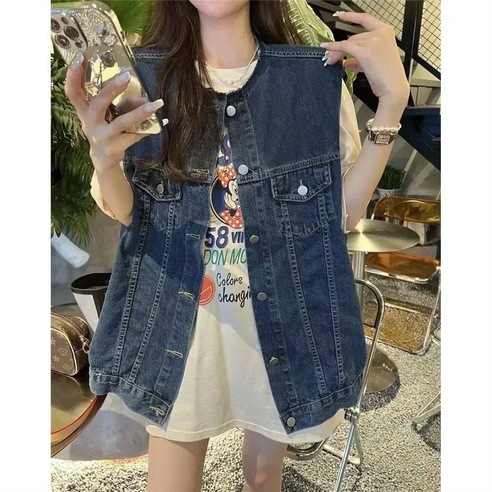 

Luxury Vintage Denim Vest Women Streetwear Sleeveless Jacket Cardigan Spring Autumn Top Korean Fashion Pockets Buttons Loose