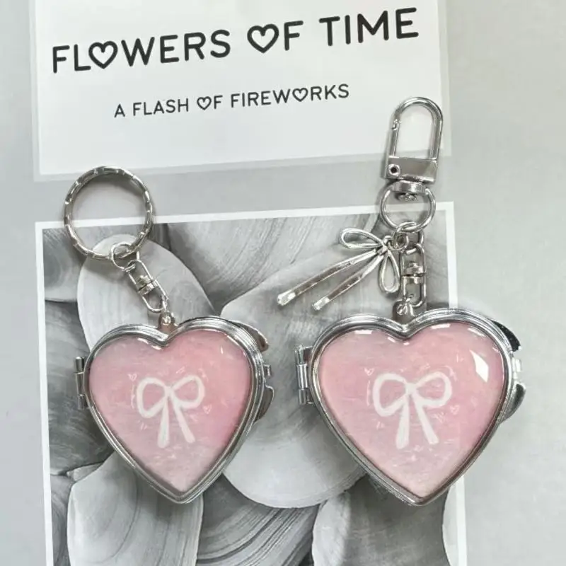 Miroir de maquillage en forme de cœur mignon, Design pliable Double face avec porte-clés, décor d'arc, sac, accessoire cadeau