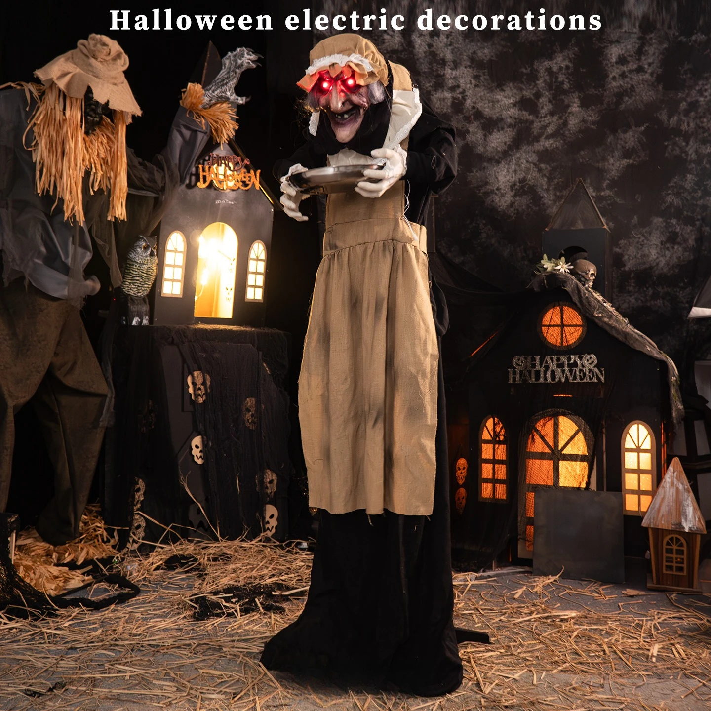 

The witch with the plate, the haunted room atmosphere decoration props ornament