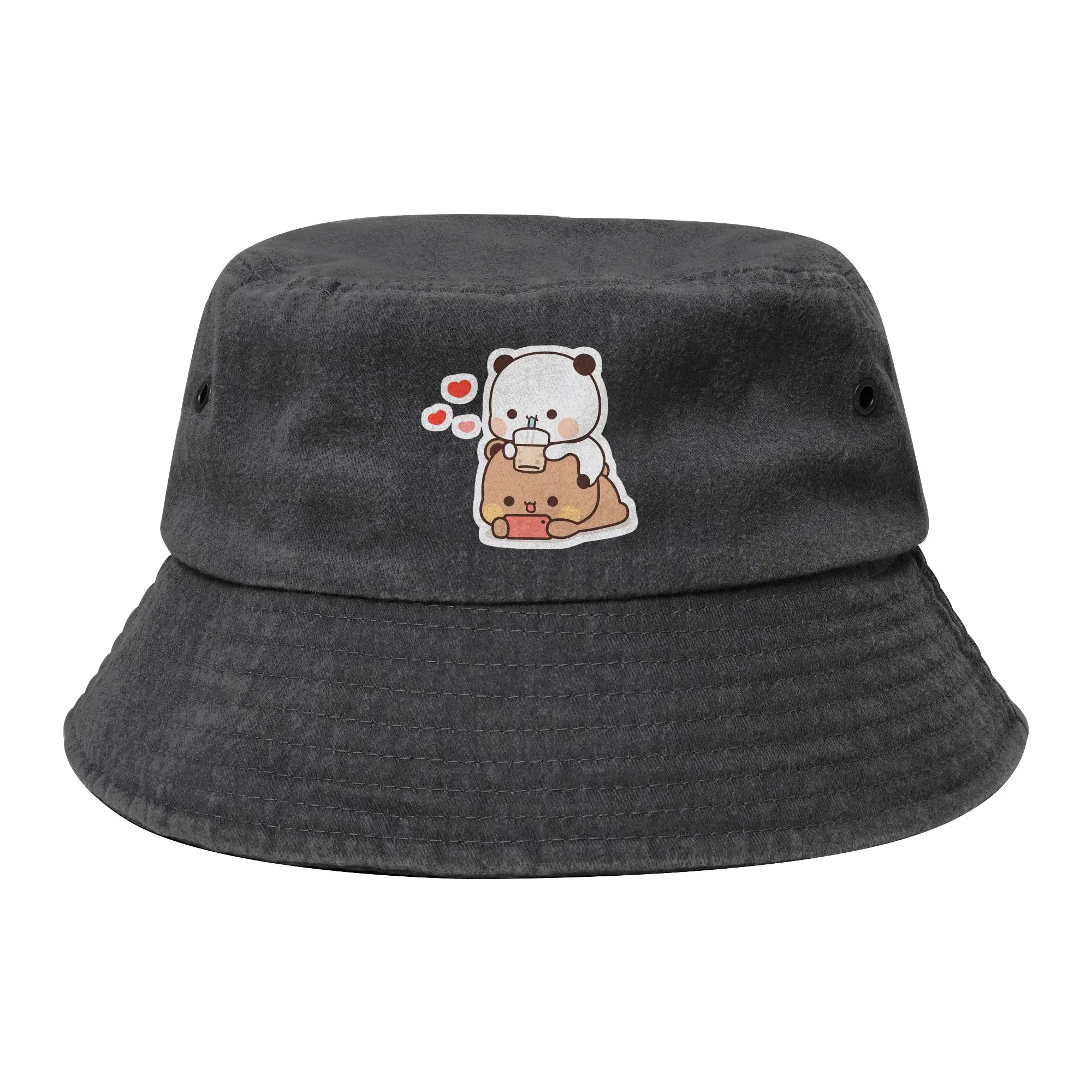 Men Women Distressed Denim Bucket Hat Bubu Dudu Enjoying Time Hiking Fishing Fisherman Hats Panda Bear Bob Hat Gifts Idea