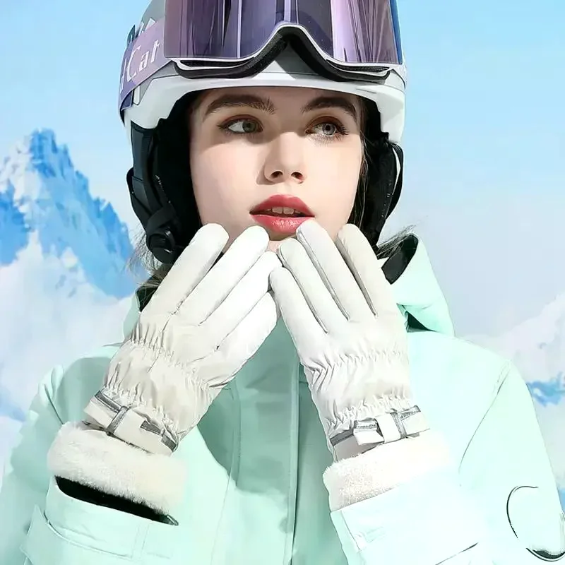 Ski Gloves Women Winter Fleece Thickened Warm Plush Cotton Waterproof Touch-Screen Gloves For Outdoor Riding Mountaineering