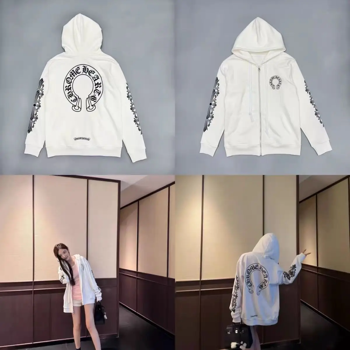 2025 Trendy Brand Autumn/Winter Sanskrit Letter Printed Cross Horseshoe Hooded Zipper Cardigan Coat Men's and Women's Hoodies