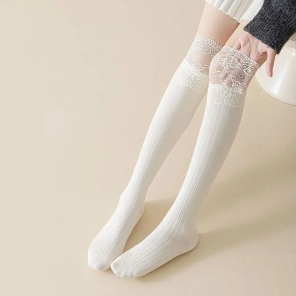 

Solid Color Women's Long Socks Breathable Lace Trim Girl's Stacked Socks Soft Over-the-knee Knee High Socks Harajuku Street