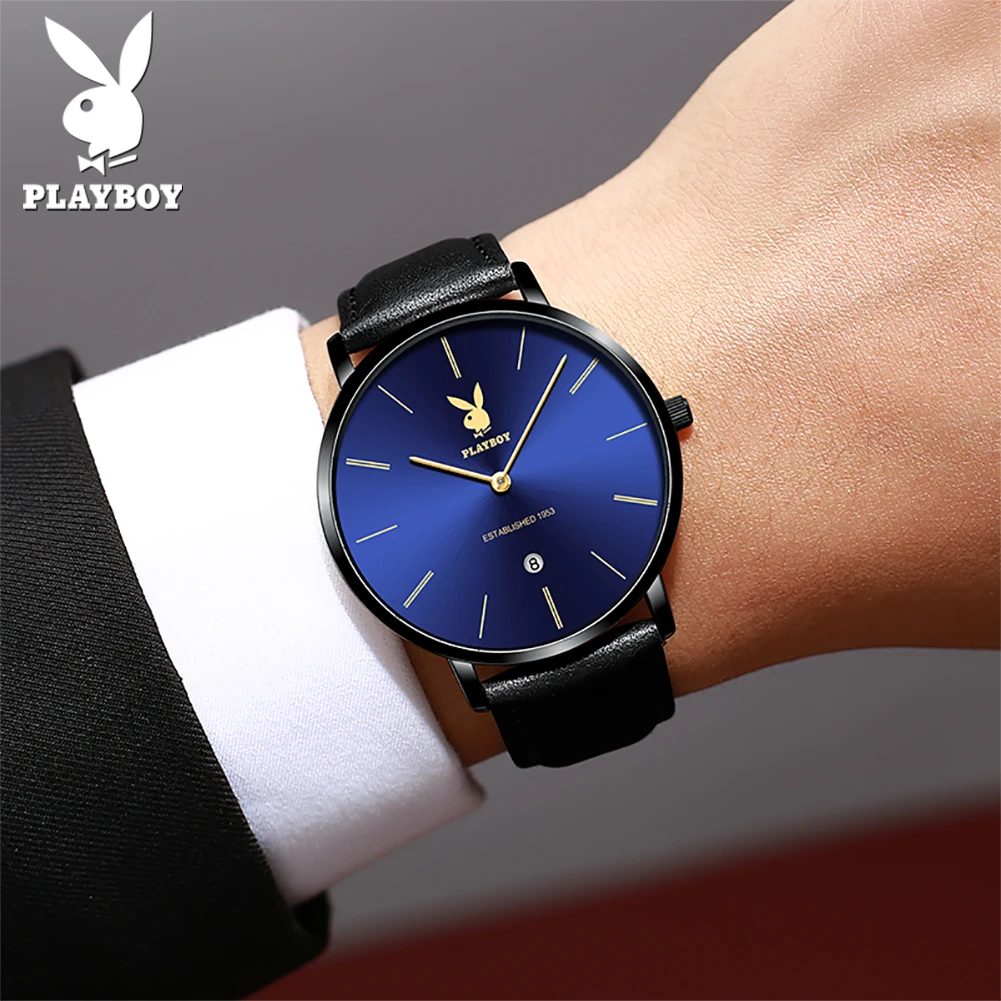 PLAYBOY High Quality Waterproof Watch For Men Fashion Genuine Leather Strap Men Quartz Wristwatches Luxury Calendar Male Watch