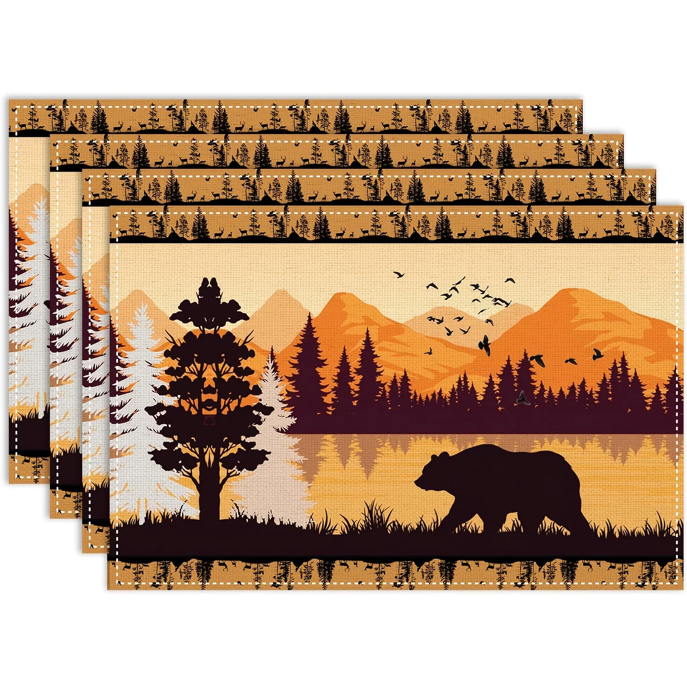 Rustic Mountain Forest Bear Silhouette Print Rectangular Placemats  Nature Cabin Style Dining Table Decor Table Mats 4/6/8PCS