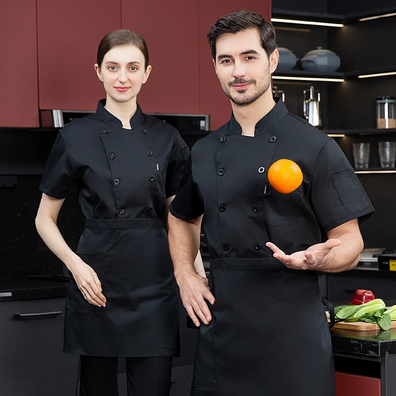 Uniforme feminino de chef de manga curta, casaco de cozinheiro, camiseta preta, uniforme de padeiro, roupas de restaurante e hotel, logotipo para chef