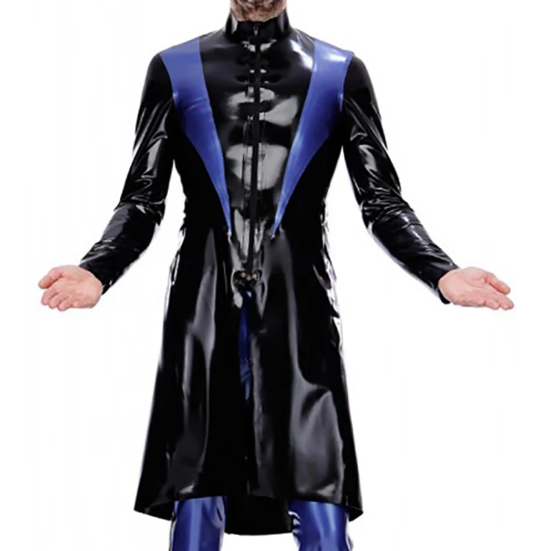 Black And Blue Minister Sexy Latex Robe With Front Short Zipper Rubber Jacket Trench Coat Top Topcoat Overcoat 0355 - view 4