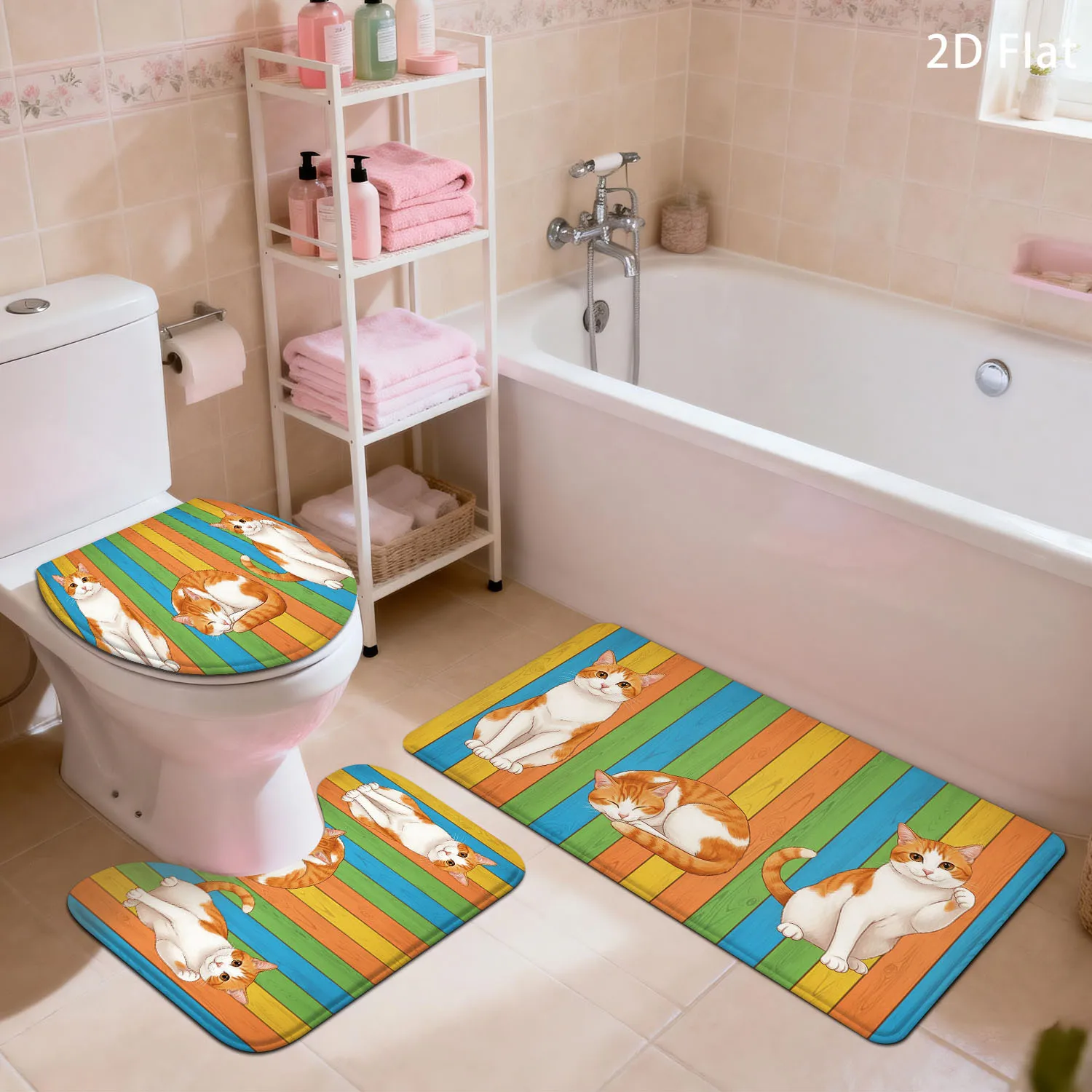 

Cute Cat Print Bath Mat Non Slip Absorbent Tropical Striped Bathroom Rug Shower Mat for Toilet Area Home Decor Gifts