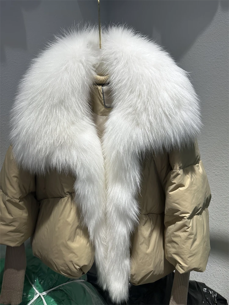 OFTBUY New Duck Down Jacket Winter Coat Women Super Large Real Silver Fox Fur Collar Jacket Knit Sleeve Fashion Luxury Outerwear
