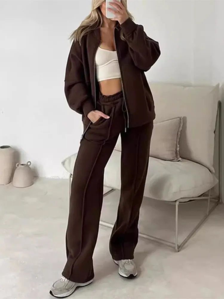 

Women 2-piece Casual Solid Color Suit Autumn Elegant Long-sleeved Sweatshirt Zipper Top Commuter Wide-leg Trousers Two-piece Set