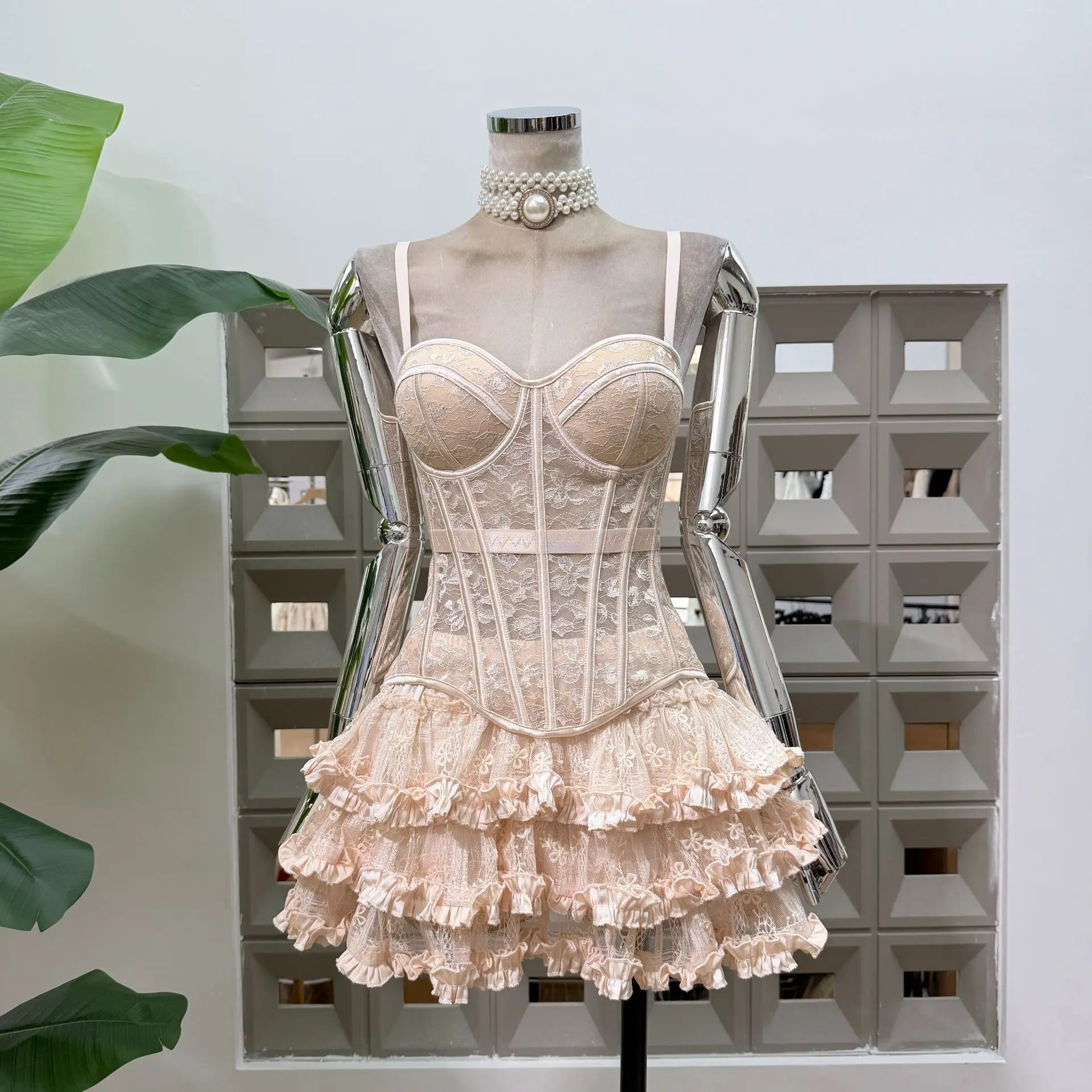 Women's Matching Sets Lace 2 Piece Corset Bustier Top Tiered Ruffle Tulle Mini Skirt Streetwear Party Club Outfit y2k Clothes
