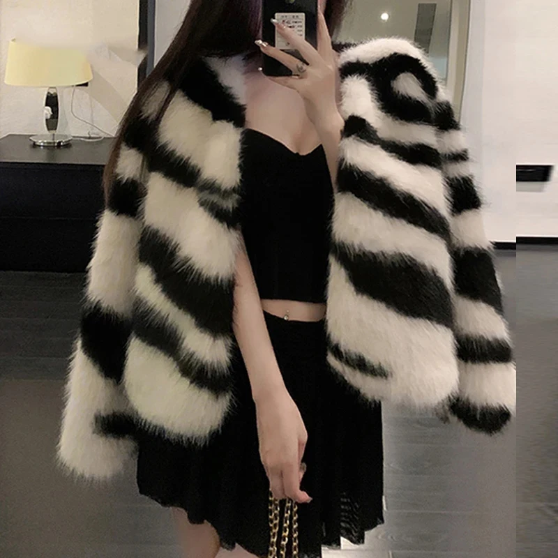 Fanieces Vintage Zebra gestreiften Druck Kunst pelz Mantel Frauen Langarm o Hals zottelige Feder jacke Mode lässig Streetwear шуба