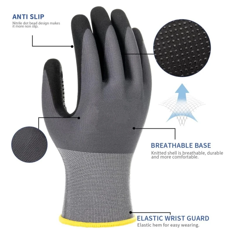 MicroFoam Nitrile Coated Safety Work Gloves Non-Slip Seamless Knit Nylon Work Gloves for Men Mechanic Gardening Industrial Auto
