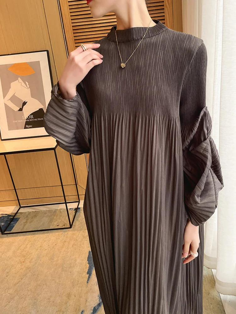 LANMREM Puff Sleeve Pleated Dress Solid Color Long Length Women Loose Causal Elegant Dresses Designer Clothes Autumn 2DA1731