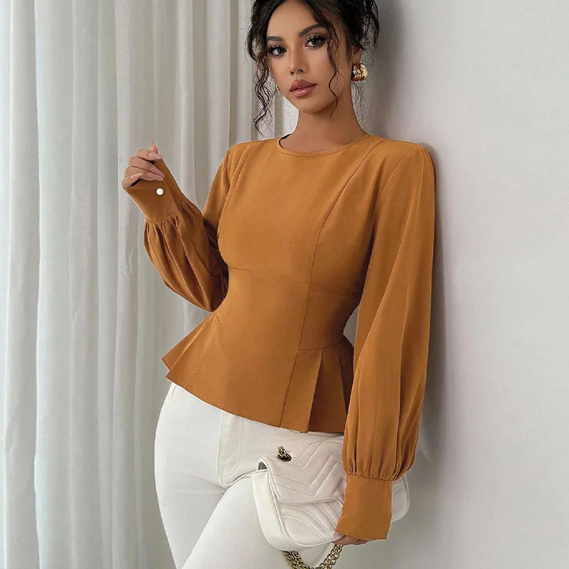 Elegant Puff Sleeve Slim Fit Blouse Solid Long Sleeve Top Autumn O Neck Shirt Women Light Brown Clothing
