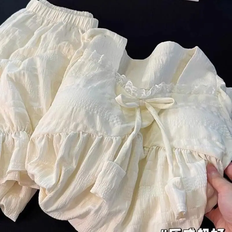 أطقم بيجامات بحافة من الدانتيل للفتيات الصغيرات بأكمام طويلة فضفاضة مع وسادة صدر ملابس كاواي حلوة للترفيه ملابس ربيع الخريف #6