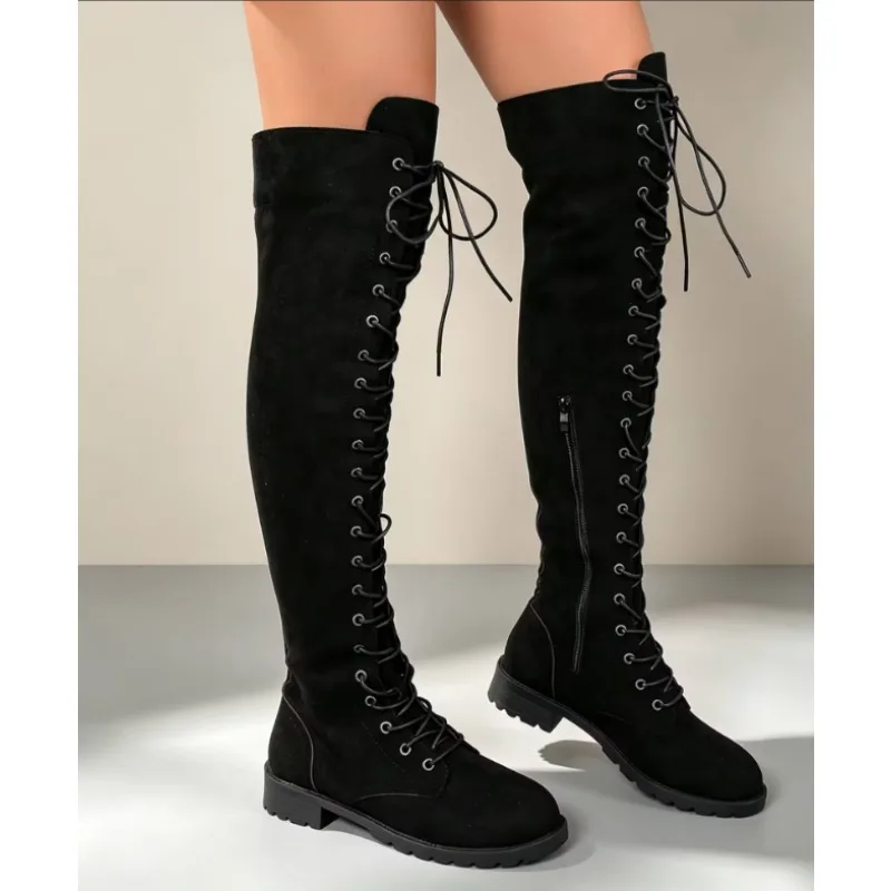 Large-size Women's Over-the-knee Leather Boots with Adjustable Straps, Suitable for All Occasions, Classic Knight Boots