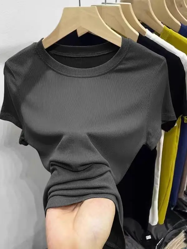 

Slim Fit Pure Cotton ort Sve round Ne T-irt Women's Summer Versatile Base Layer Trendy Top Korean Sle Color