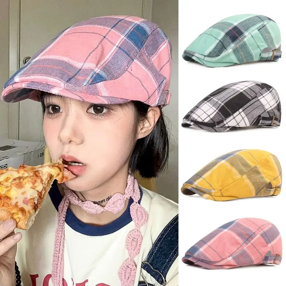 

Vintage Lattice Plaid Beret Hat Cotton Dopamine Style Lattice Sun Hat Wide Brim Ins Style Flat Peaked Cap Party