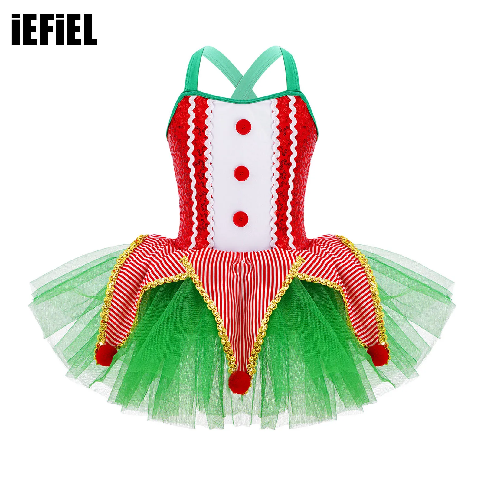 

Kids Girls Sequins Christmas Elf Party Dresses Sleeveless Plush Balls Decor Mesh Tutu Dress Ballet Dance Performance Costume New