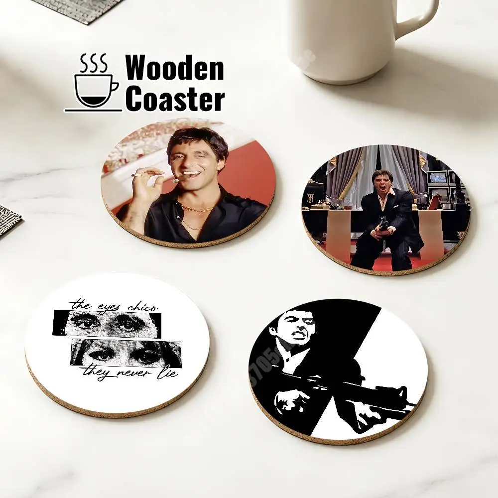 S-Scarface Movie Tony Montana Wooden Cup Mat Cappuccino Vodka Juice Water Coaster for Flower Shop