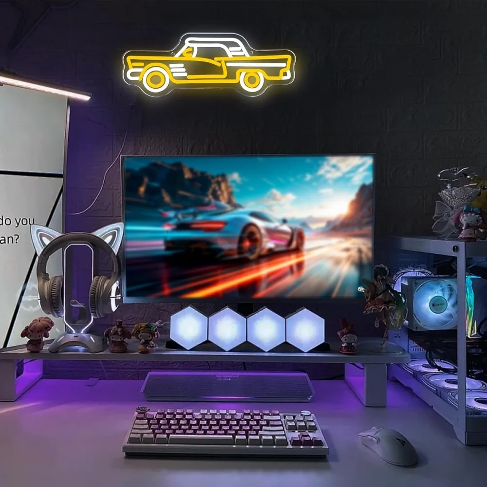 Vintage Sports Car Neon Sign, Cool Dimmable LED Retro Yellow Sports Car Shape Neon Signs for Garage Bar Game Room Man Den Gift