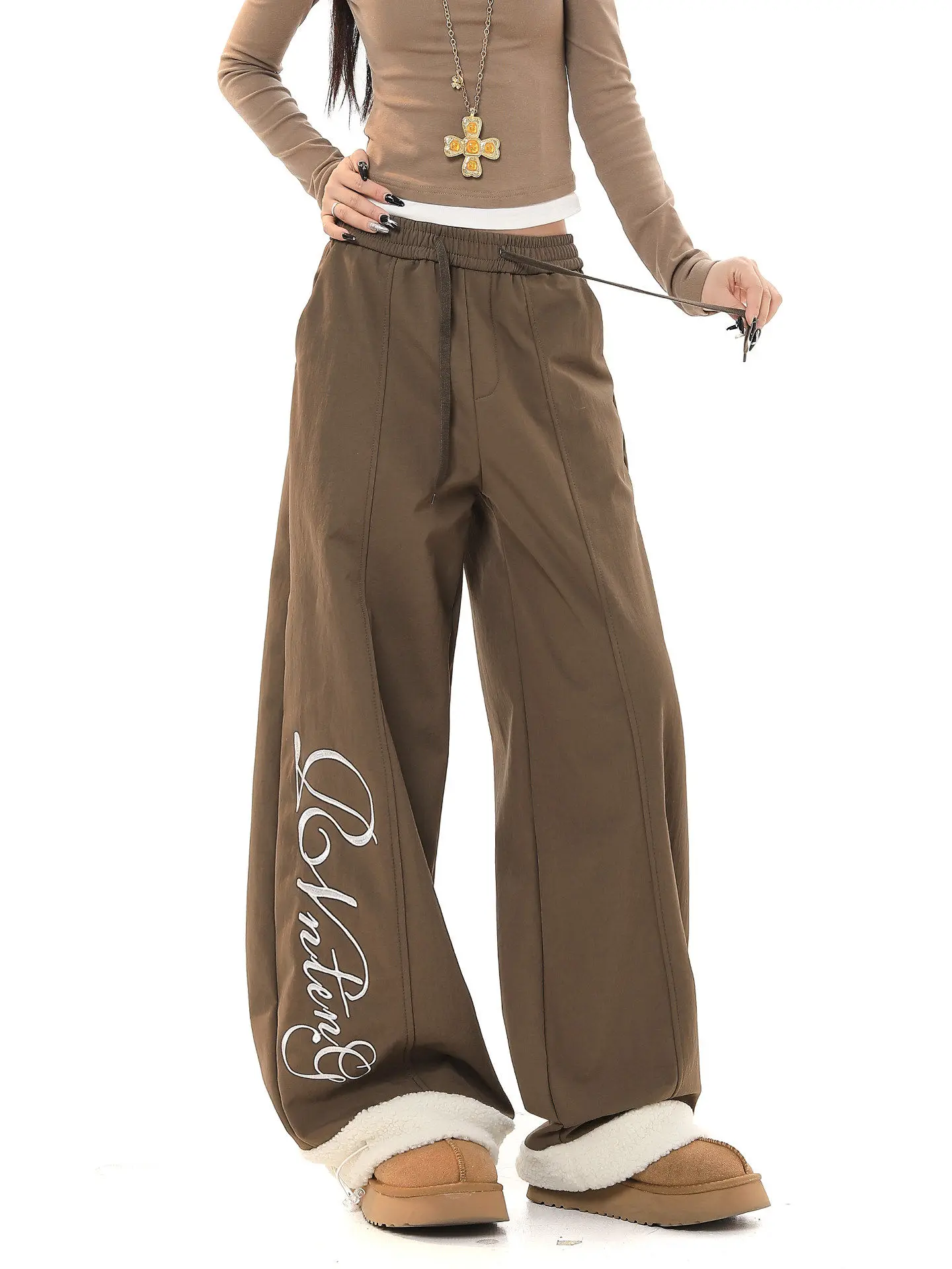 

Retro American Floral Print High Waist Wide Leg Pants Women's Winter Loose Versatile Warm Fce Dstring Casual Trousers