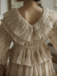 Summer Original Design Women Sweet Mori Kei Victorian Princess Vintage Handmade Pleated V-neck Faux Twinset Tiered Fringed Dress