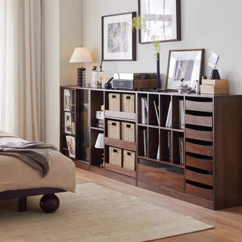 

Solid wood integrated bookcase combination household living room wall sliding door floor locker glass door storage display cabin