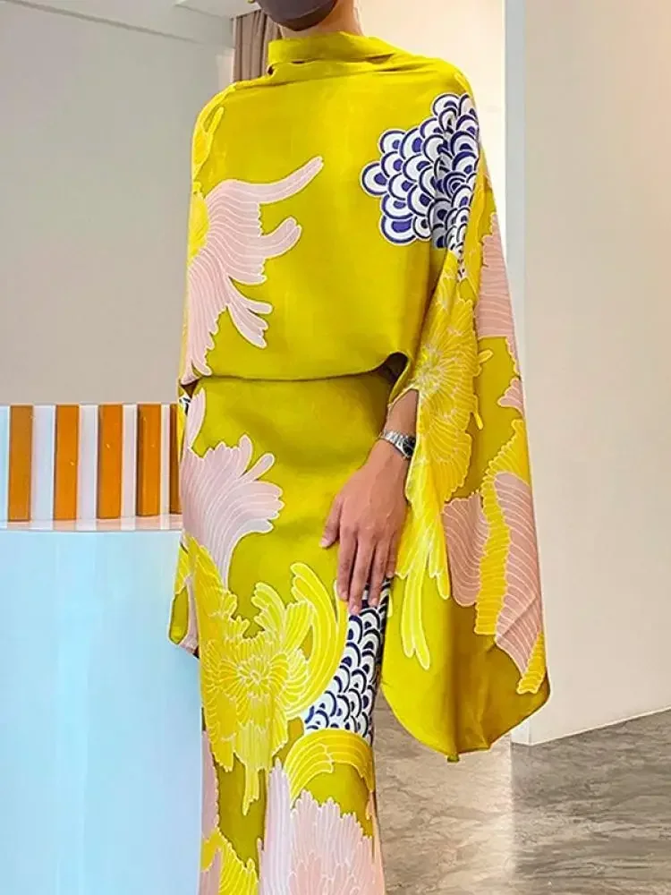 Lemongor 2025 New Female Elegant Party Evening Two Piece Sets Floral Printed Batwing Sleeve Blouses & High Waisted A-Line Skirts