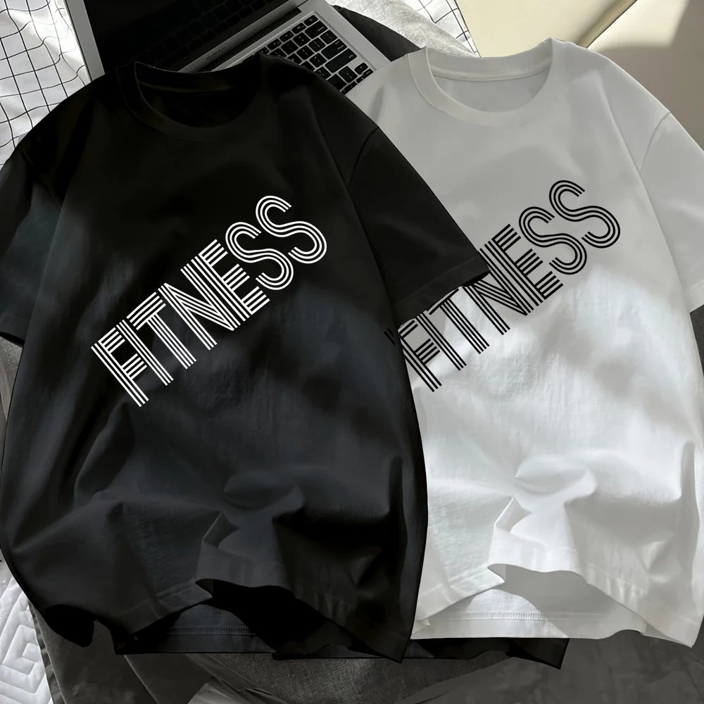 

Word Fitness Prints Mens T-Shirt Cotton Summer Soft Black White Set Tops Oversize O-Neck Short Sleeve T Shirt Basic Male Clothes