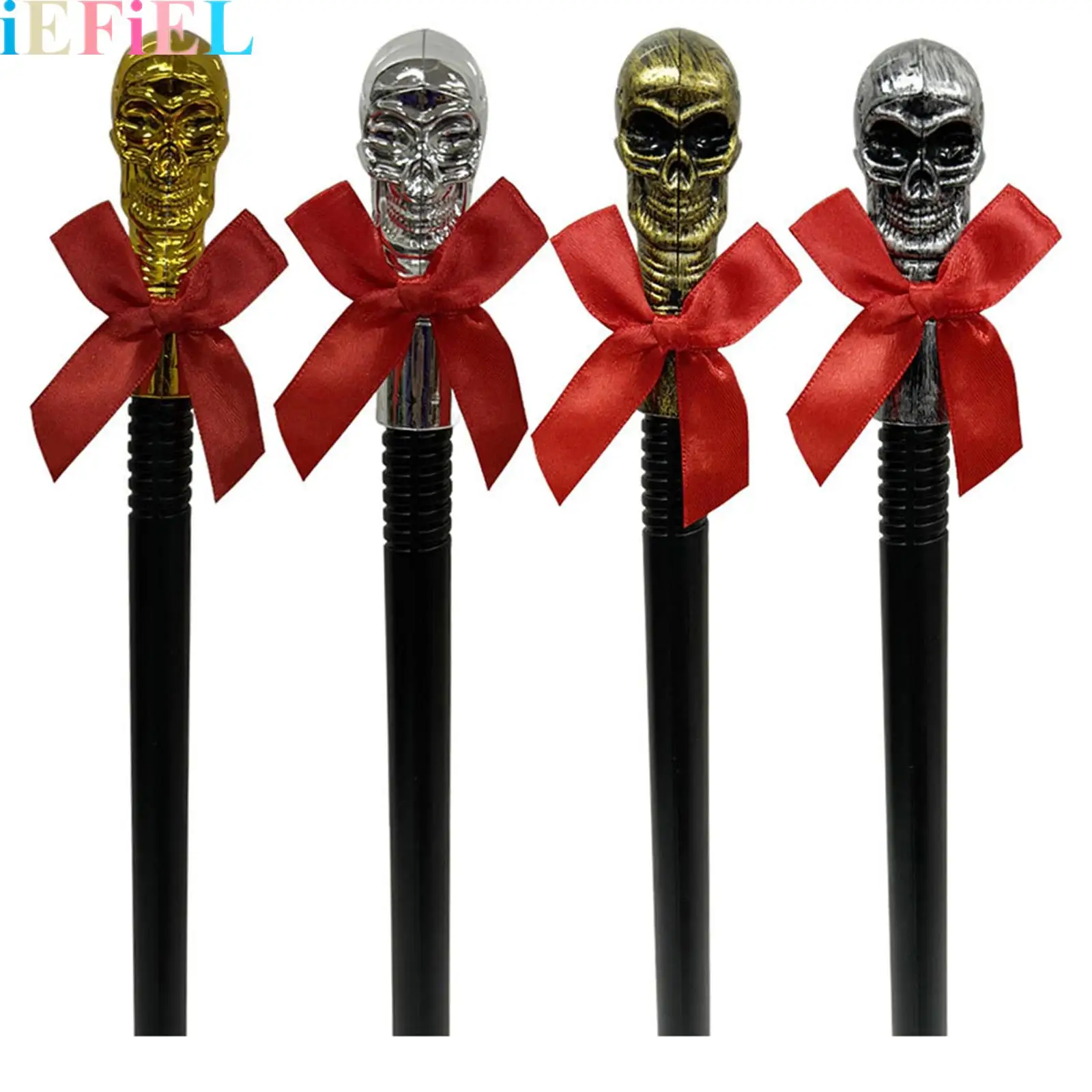 

Skeleton Scepter Prop Vintage Walking Cane Plastic Magic Scepter Skull-head Halloween Decoration And Red Bow Prop Stick